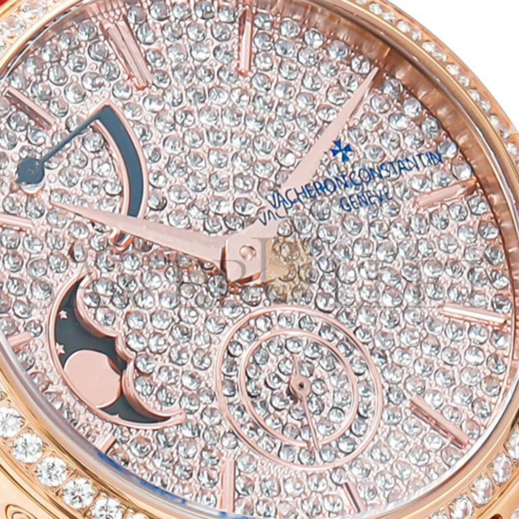 VACHERON CONSTANTIN TRADITIONELLE MOON PHASE DIAMOND PAVED DIAL IN PINK GOLD WATCH 7006T/000G